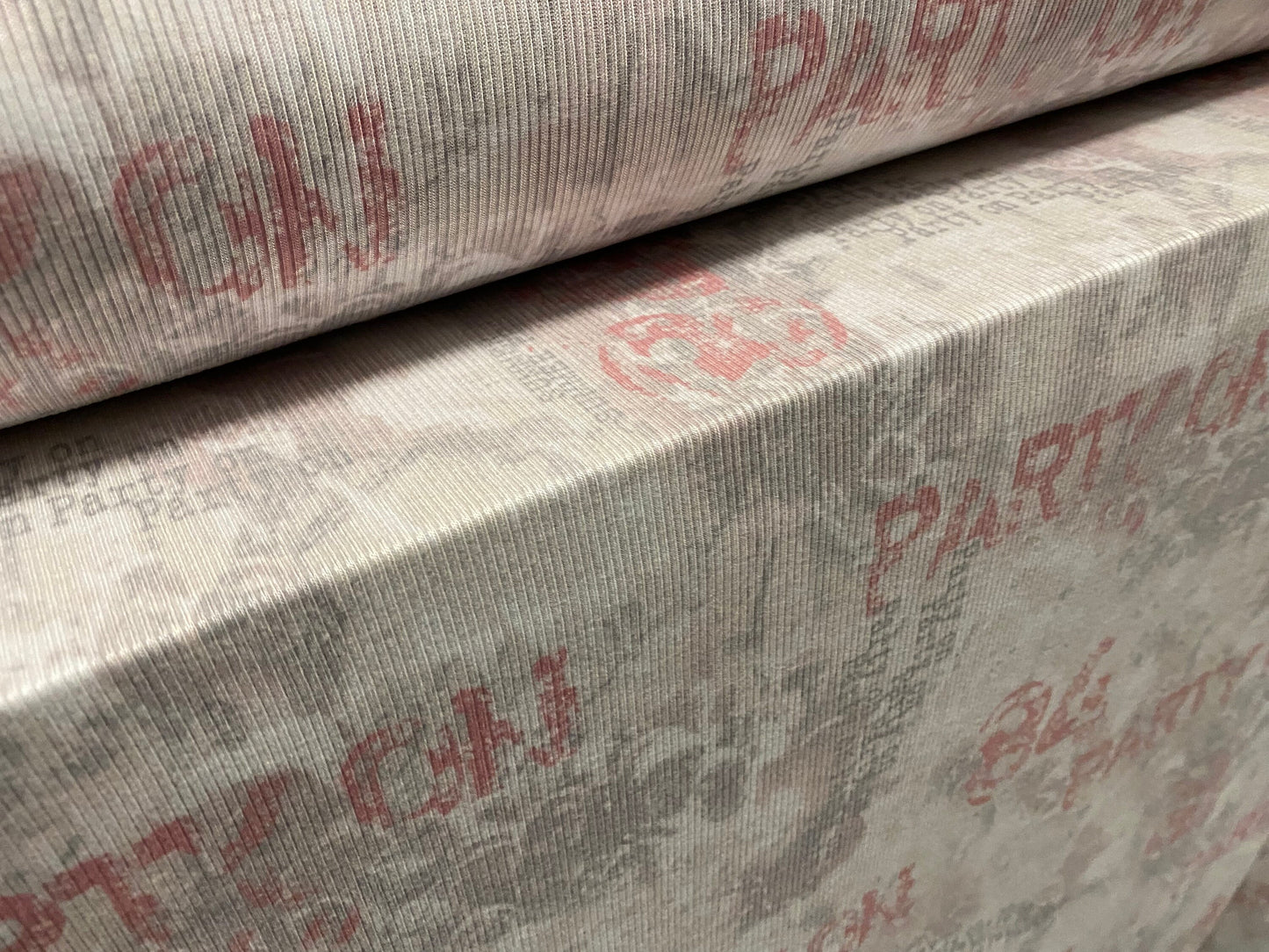 Soft touch rib jersey knit fabric, per metre - grey & pink ‘party on’ print