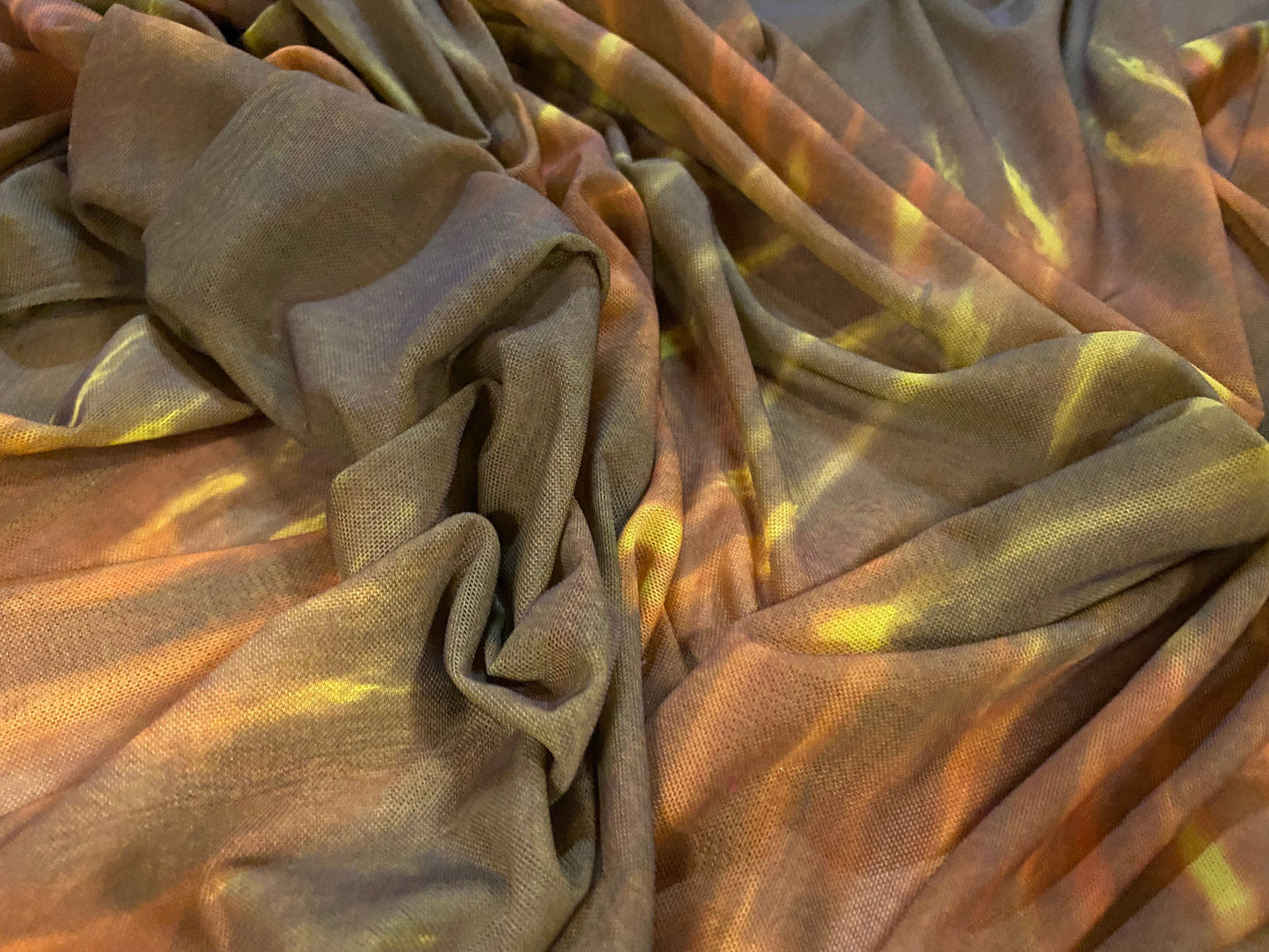 Power mesh net stretch fabric, per metre - retro tie dye print - brown caramel lime