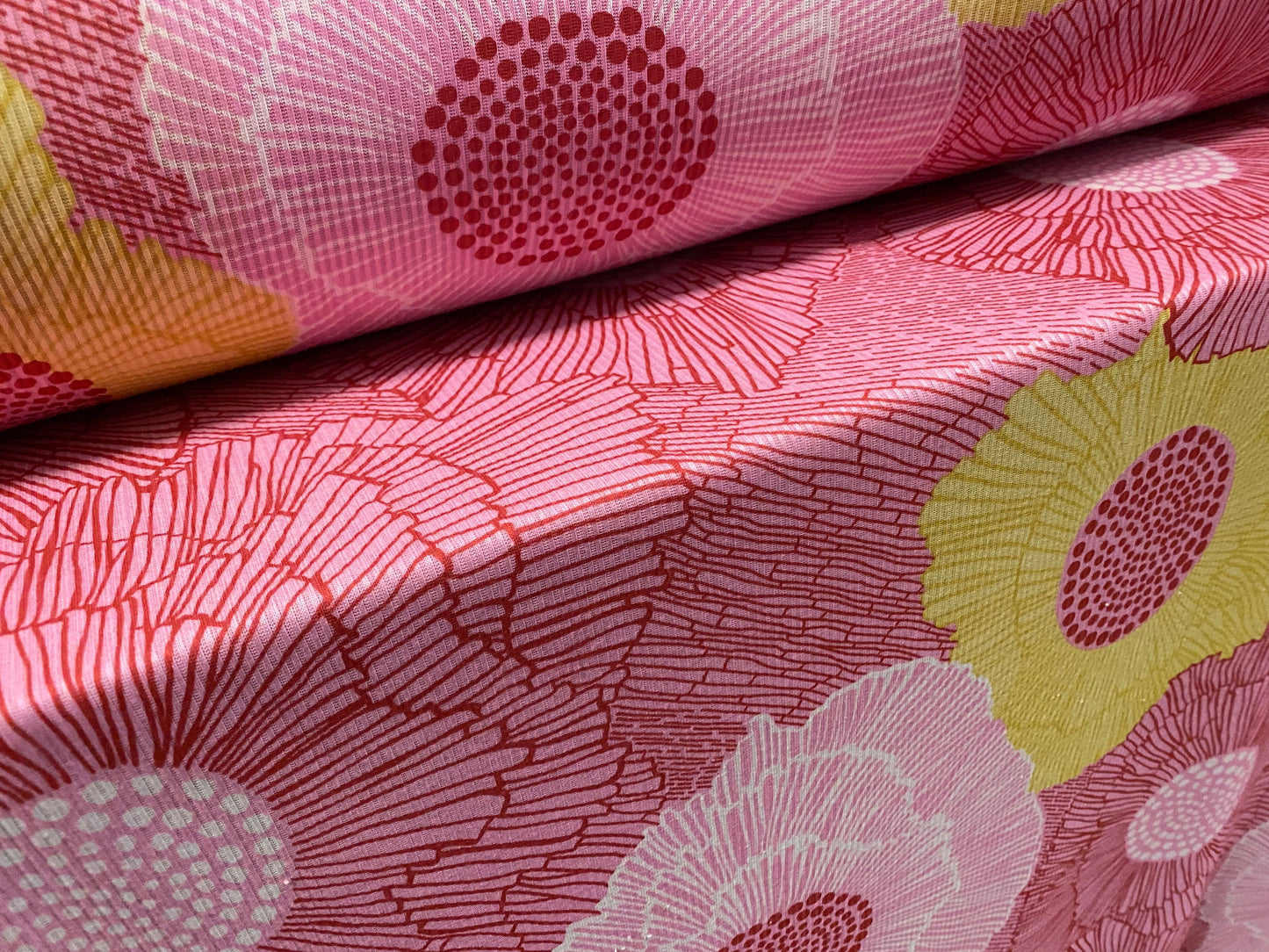 Soft touch rib jersey knit fabric, per metre - pink & yellow flower print