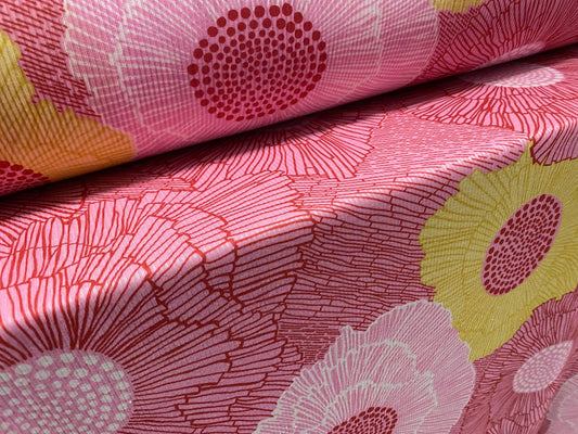 Soft touch rib jersey knit fabric, per metre - pink & yellow flower print