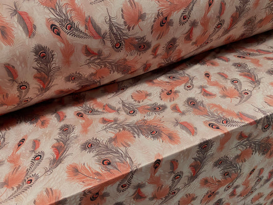 Disco shimmer stretch jersey fabric, per metre - peacock feathers print - dusky pink