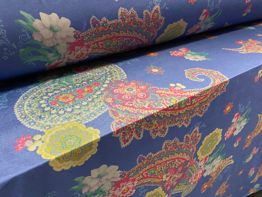 Disco shimmer stretch jersey fabric, per metre - paisley flower double border print - blue