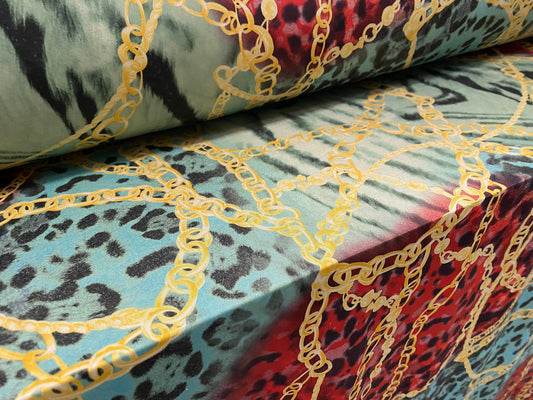 Disco shimmer stretch jersey fabric, per metre - designer chains and Leopardskin print - turquoise