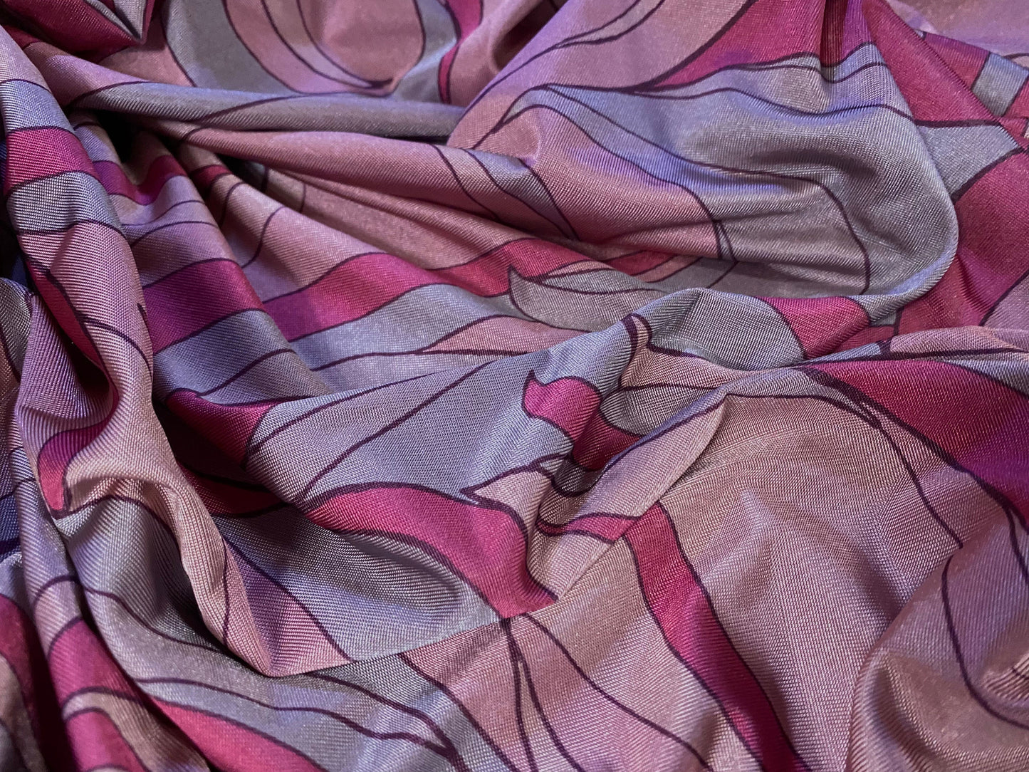 Disco shimmer stretch jersey fabric, per metre - retro swirl print - dusky pink & blue