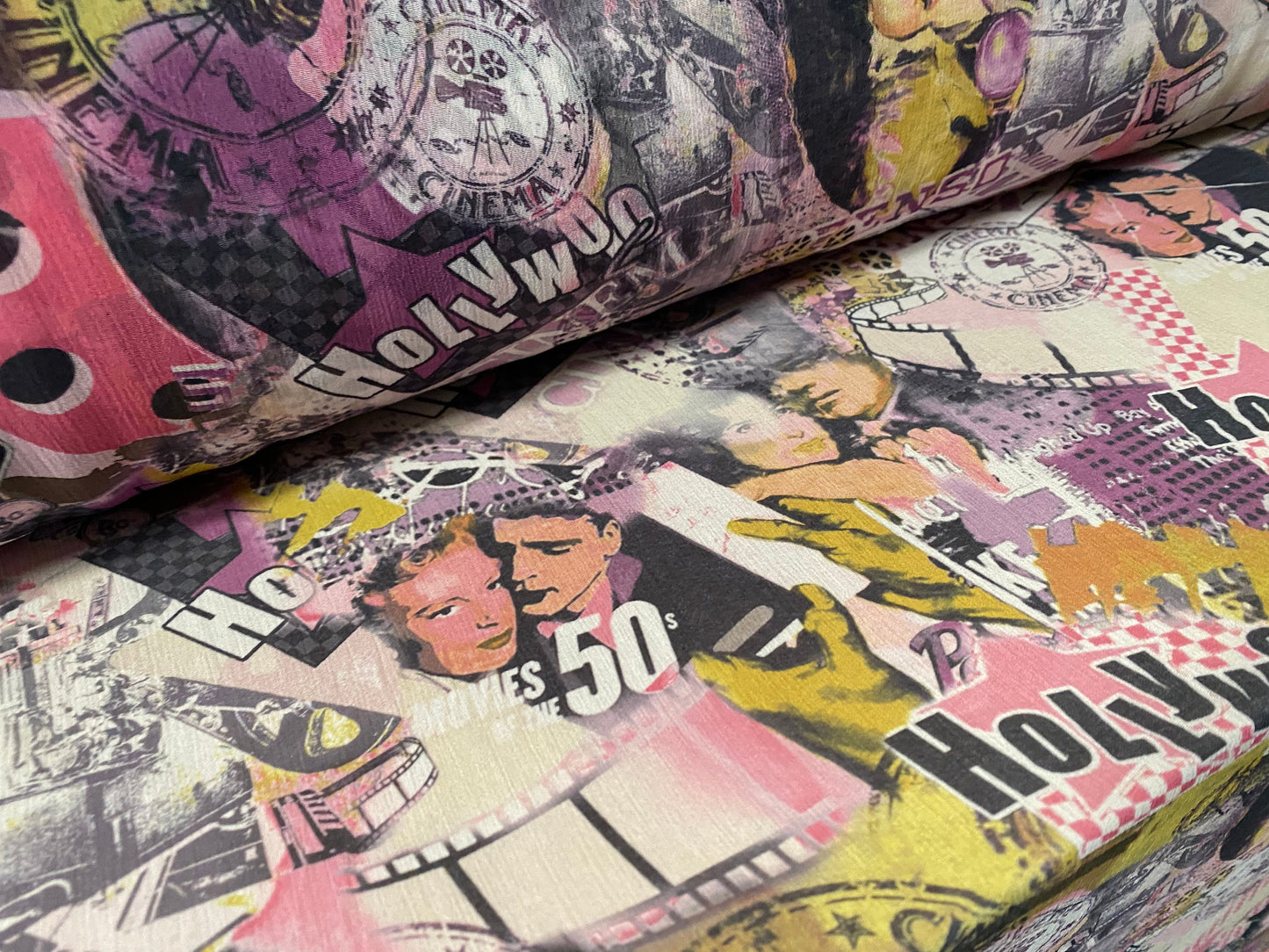 Printed chiffon yoryu dress blouse fabric, per metre - 50s Hollywood Movie Star print