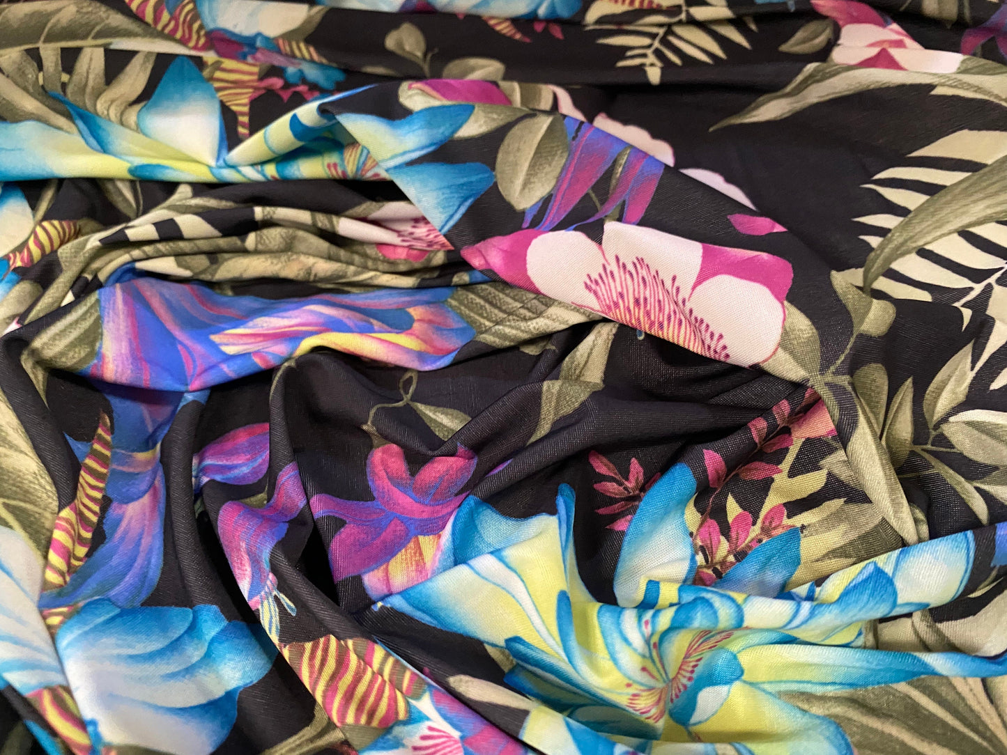 Single jersey one way stretch printed fabric, per metre - exotic flower print - black