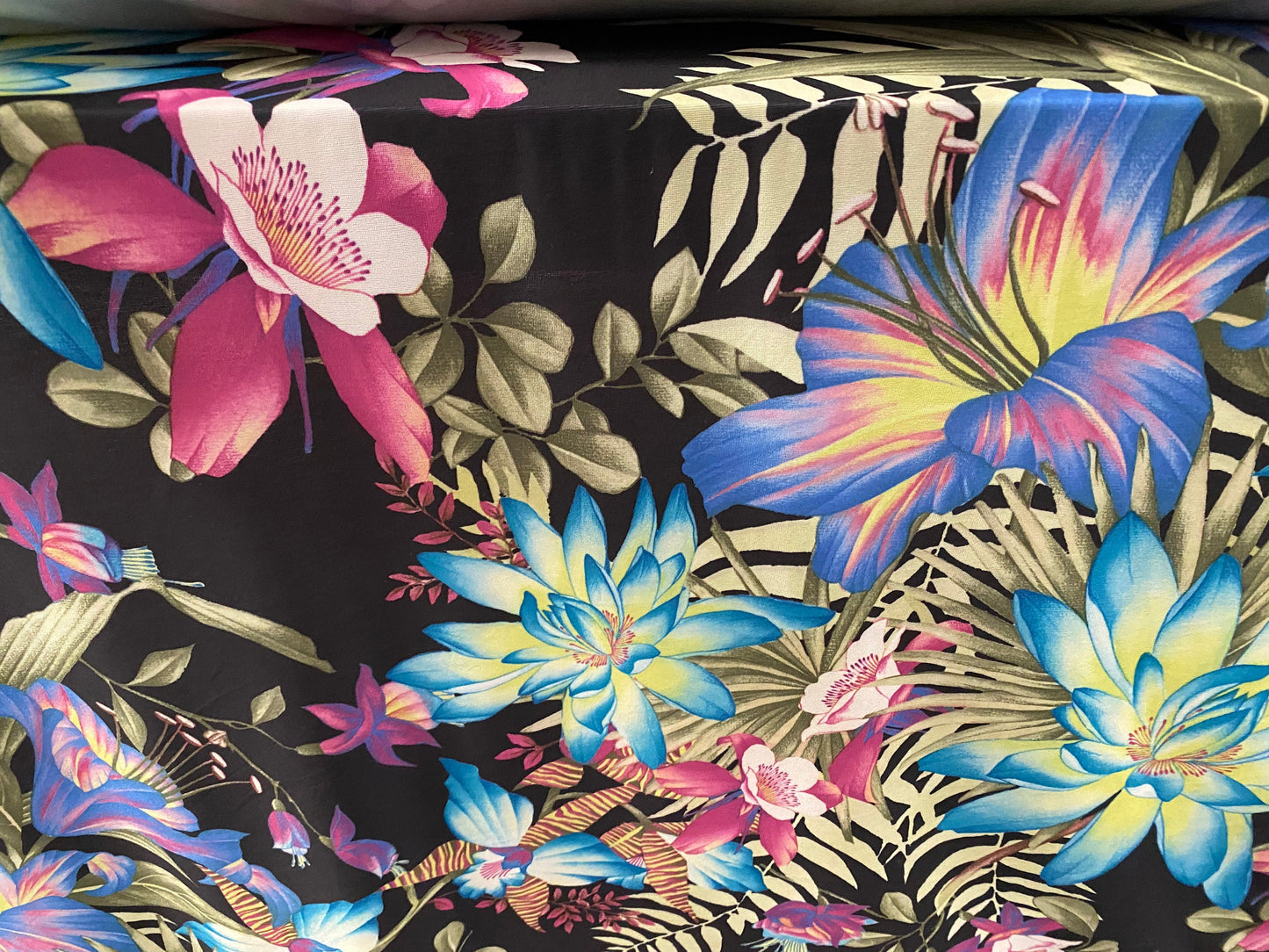 Single jersey one way stretch printed fabric, per metre - exotic flower print - black