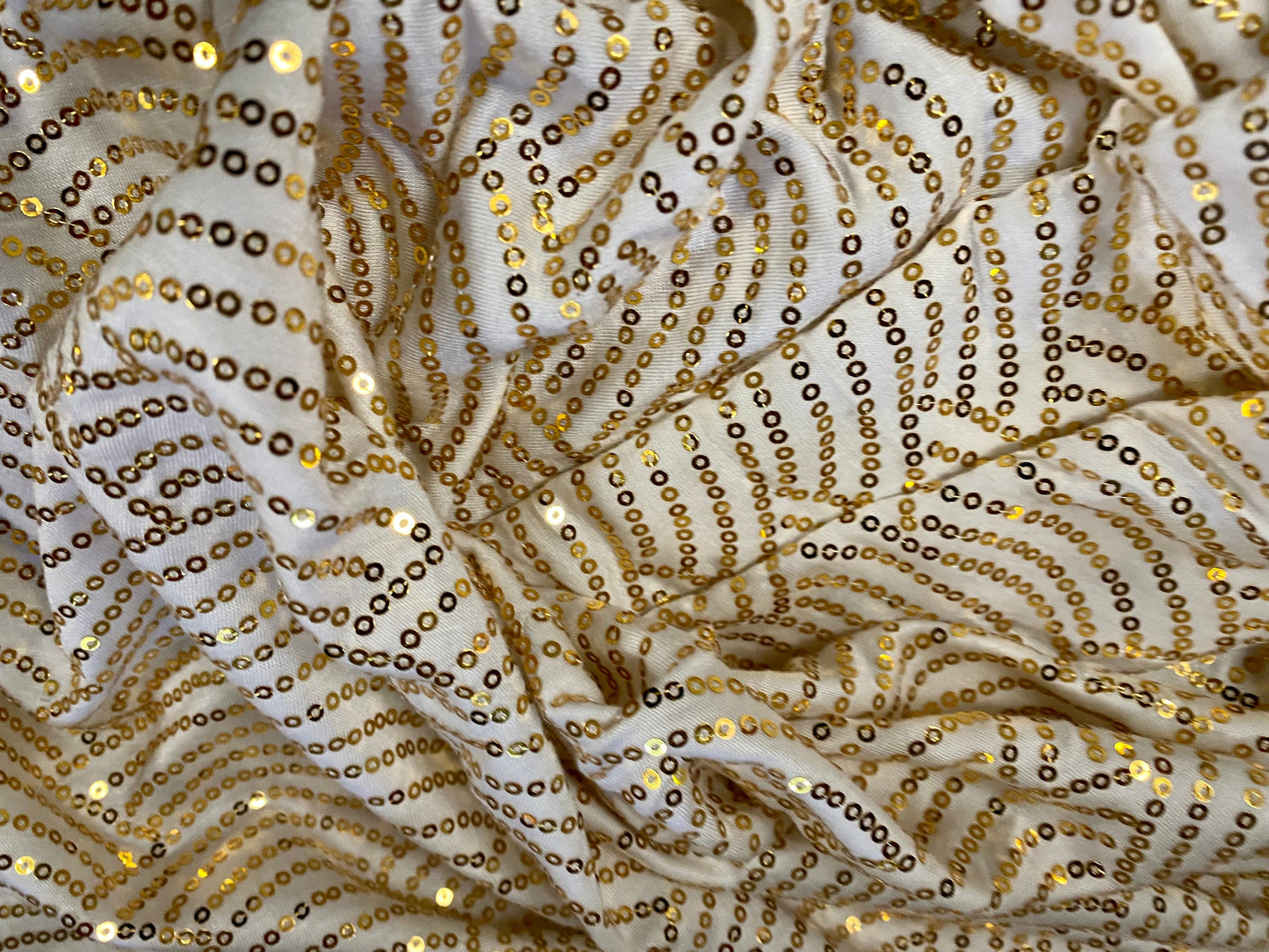 Viscose spandex stretch single jersey fabric, per metre - cream with gold metallic sequins fan design