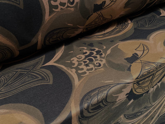 Sweatshirt fleece soft jersey fabric, per metre - ocean waves abstract print - Olive black taupe