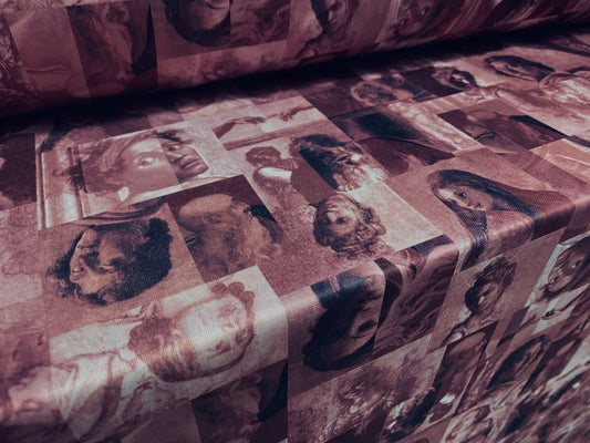 Single jersey polyester fabric - 60 inches wide - classical portraits print - dark pink