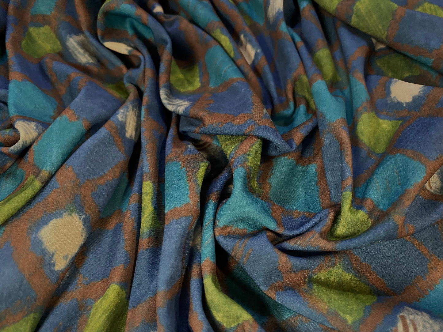 Single jersey mousse fabric, per metre - diamond harlequin print - blue green turquoise