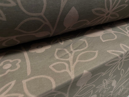 Power mesh net stretch fabric, per metre - grey brown flower print