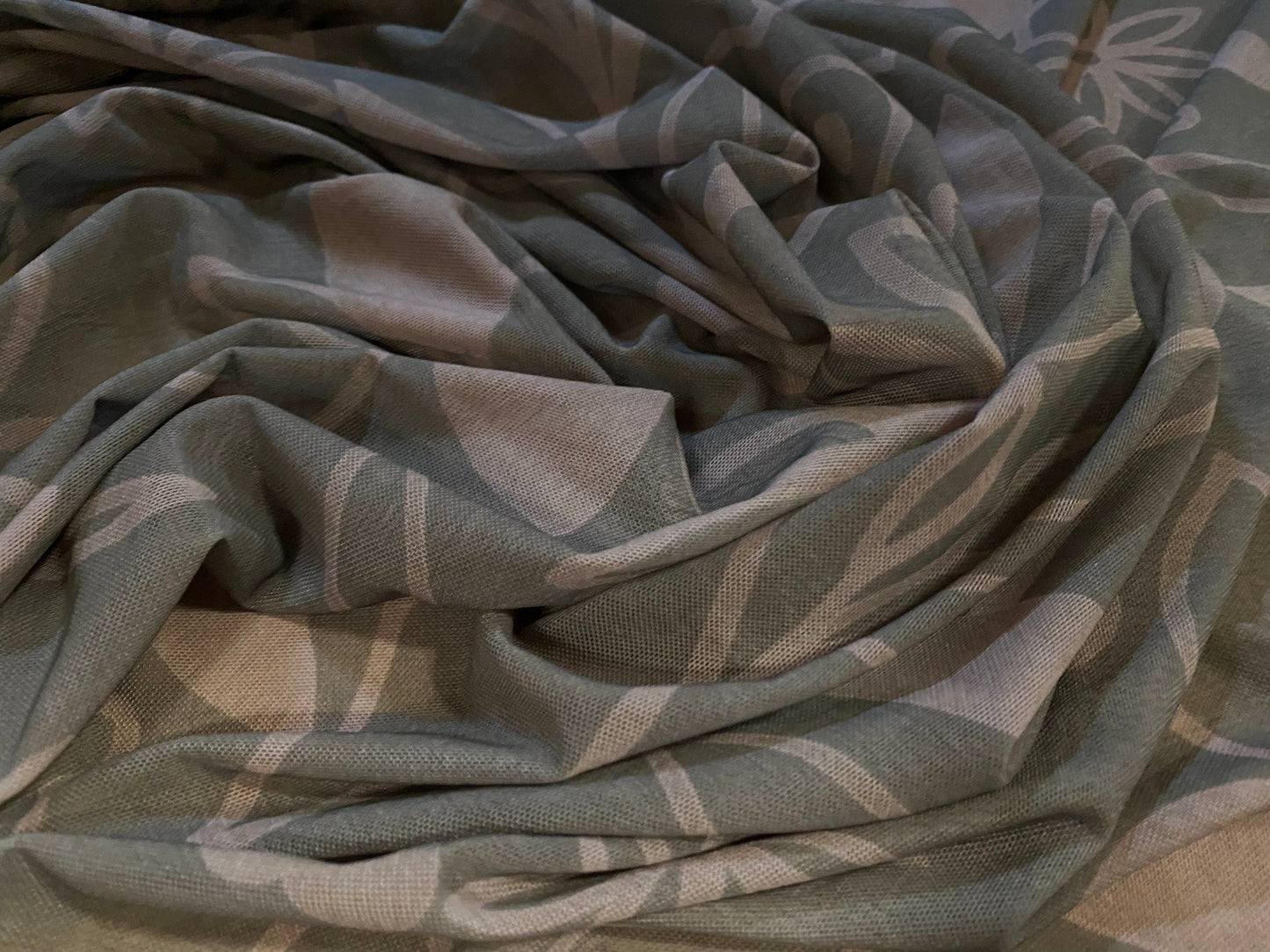 Power mesh net stretch fabric, per metre - grey brown flower print