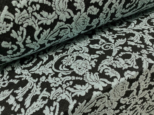 Stretch spandex floral Paisley jacquard double jersey fabric, per metre - black & mint