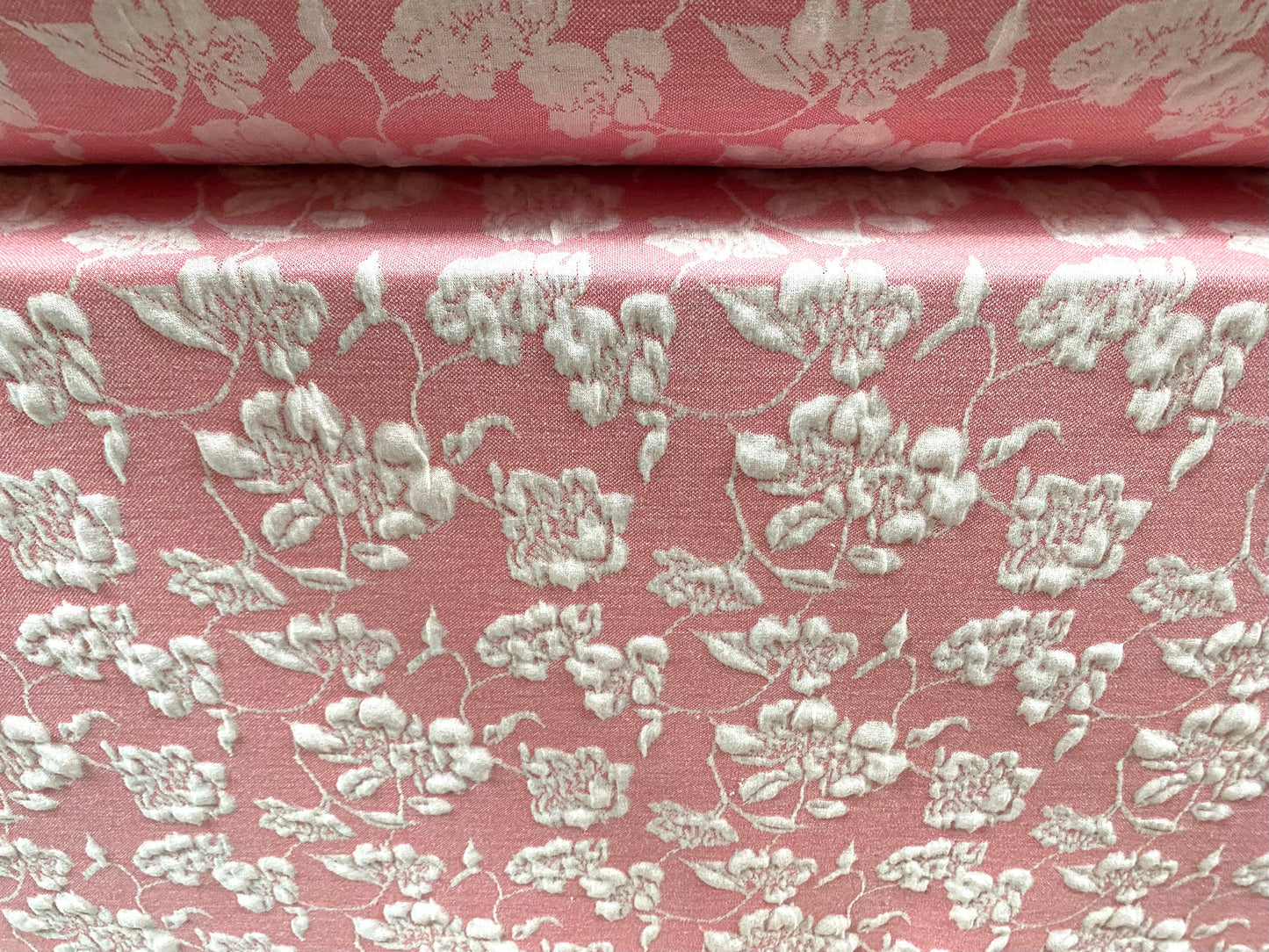 Stretch spandex floral jacquard double jersey fabric, per metre - pink & cream