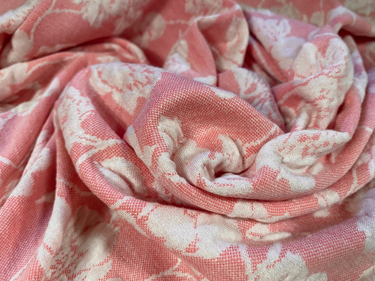 Stretch spandex floral jacquard double jersey fabric, per metre - pink & cream