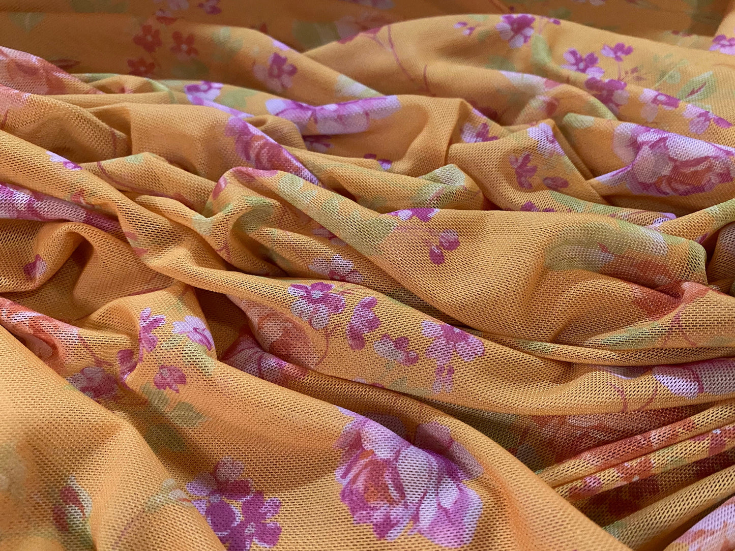 Power mesh net stretch fabric, per metre - Roses flower print - Orange & pink