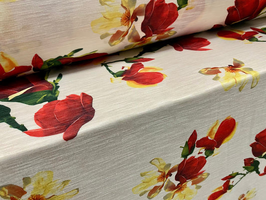 Slub single jersey printed fabric, per metre - blossom flower bud  print - white & Red