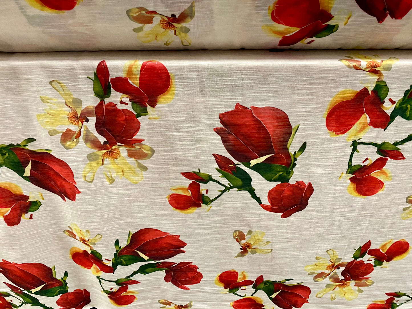 Slub single jersey printed fabric, per metre - blossom flower bud  print - white & Red