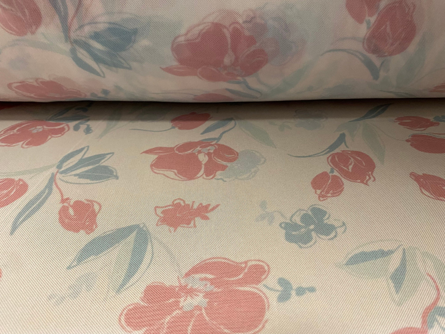 Power mesh net stretch fabric, per metre - tulip flower print - off white & pink