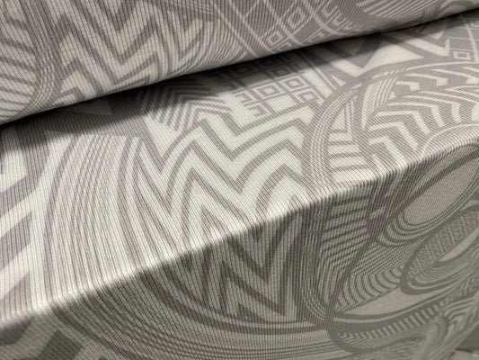 Spandex rib jersey fabric, per metre - tribal tattoo geometric print - white & light grey