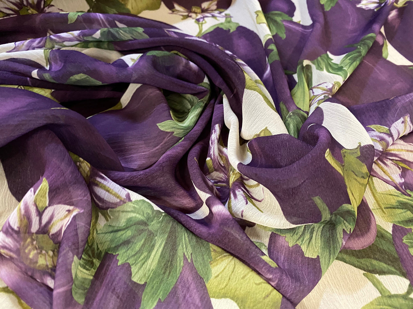 Printed chiffon yoryu dress blouse fabric, per metre - aubergine floral print - Purple & cream
