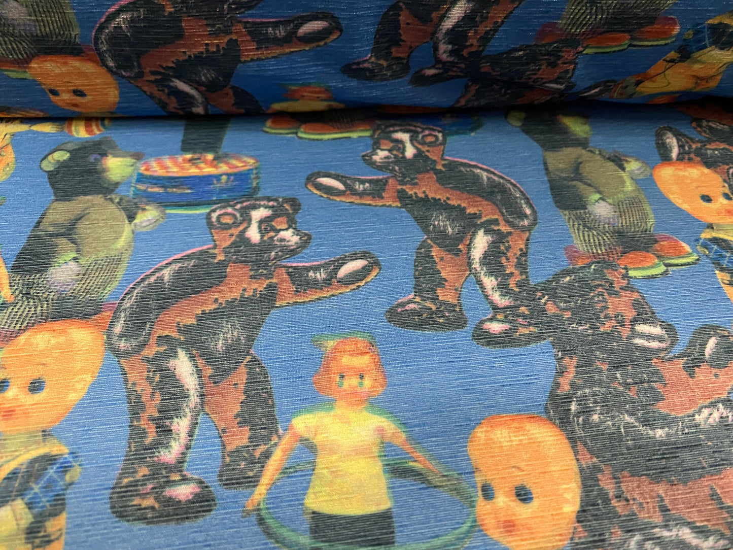 Slub spandex stretch jersey fabric, per metre - toys and teddy bears print - blue