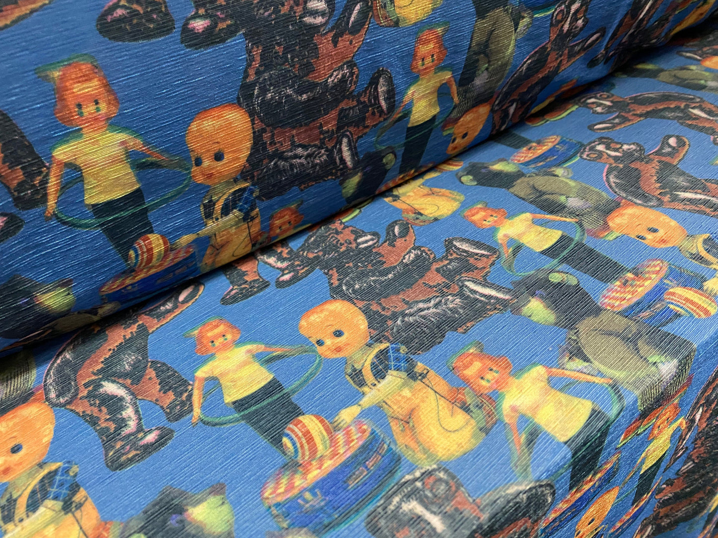 Slub spandex stretch jersey fabric, per metre - toys and teddy bears print - blue