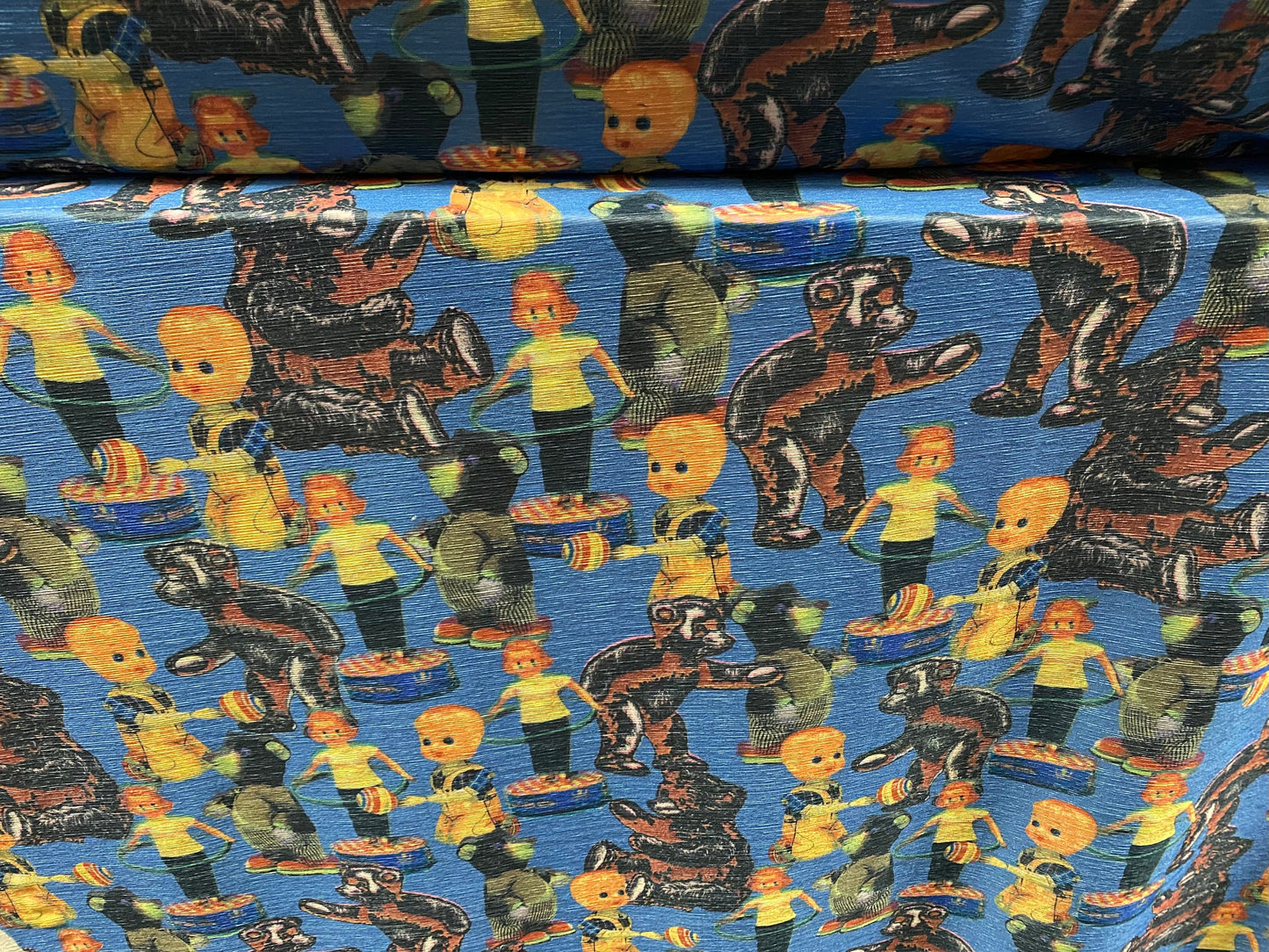 Slub spandex stretch jersey fabric, per metre - toys and teddy bears print - blue