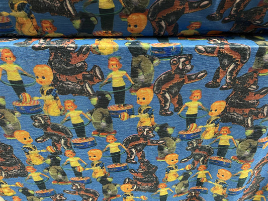 Slub spandex stretch jersey fabric, per metre - toys and teddy bears print - blue