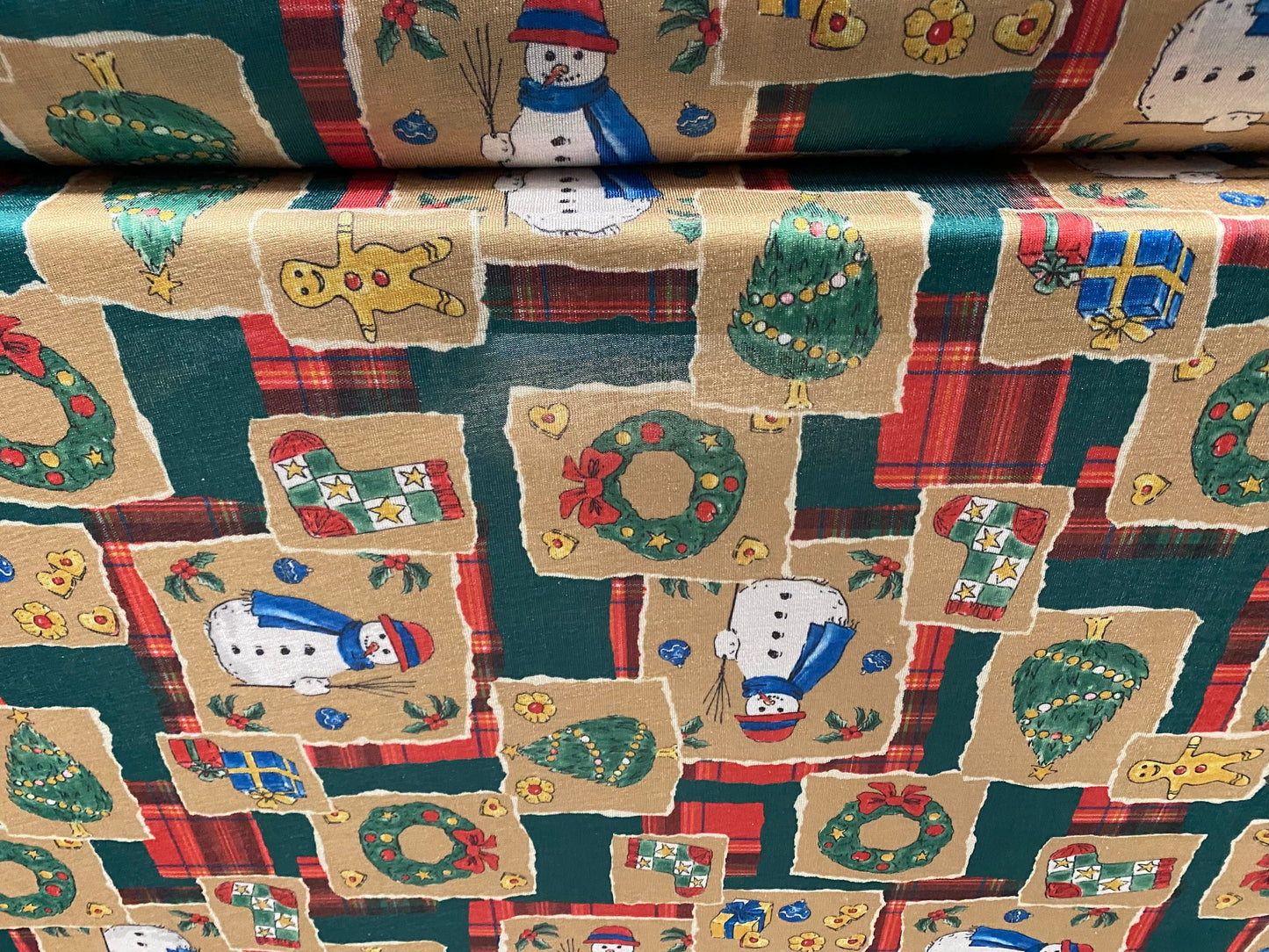 Fine rib jersey knit fabric, per metre - Christmas trees and snowman  print