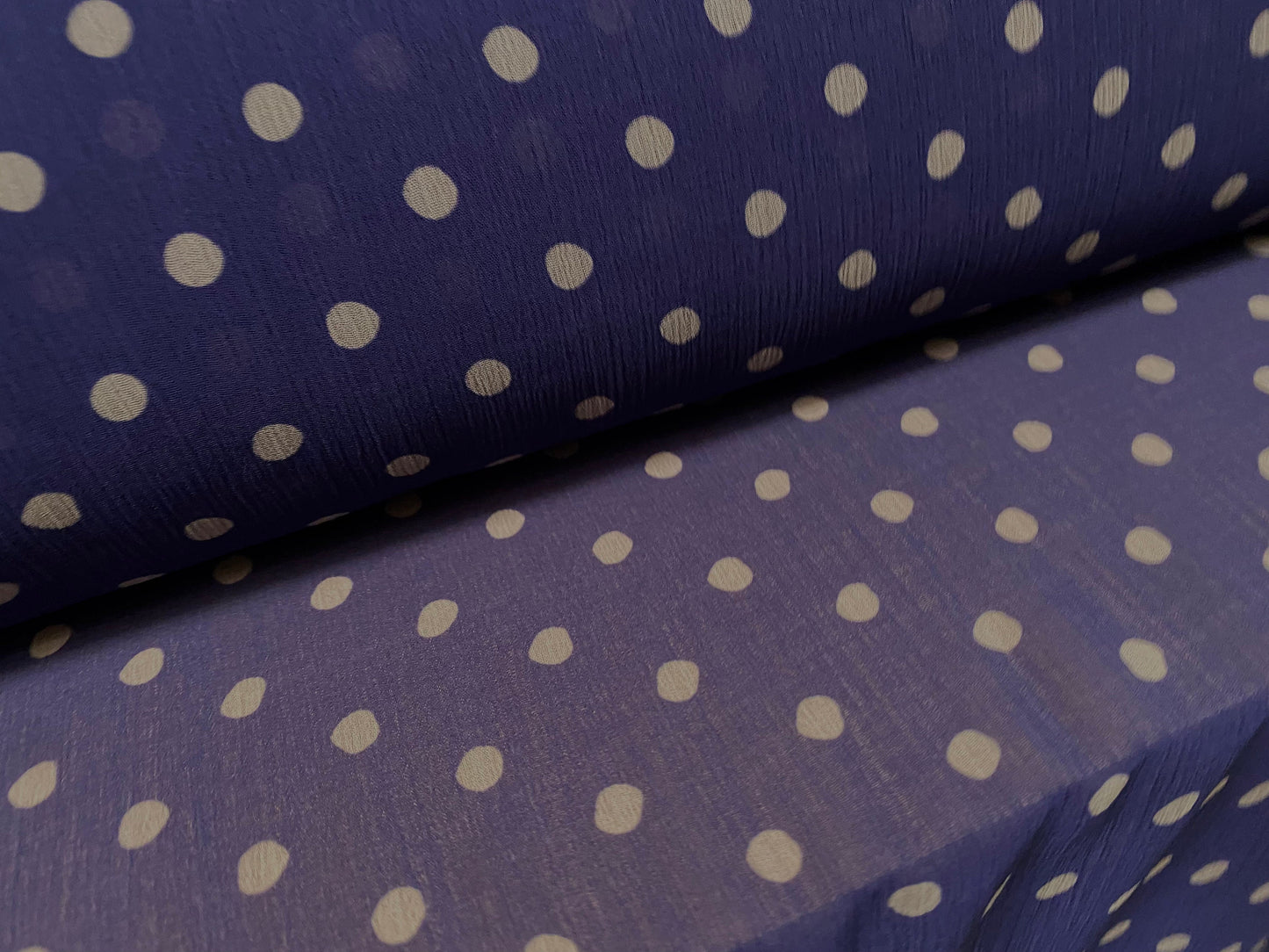 Printed chiffon yoryu dress blouse fabric, per metre - polka dot print - purple-blue & stone