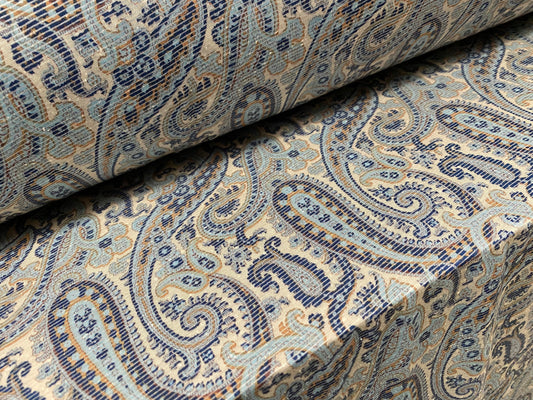 Slub single jersey printed fabric, per metre - Paisley print - cream & Turquoise