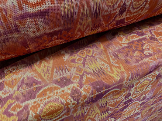 Stretch helenca mesh fabric, sheer, per metre - Aztec Inca print - coral purple