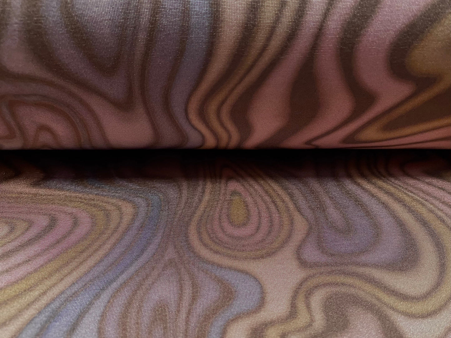 Disco shimmer stretch spandex jersey fabric, per metre - swirl print - dusky pink blue