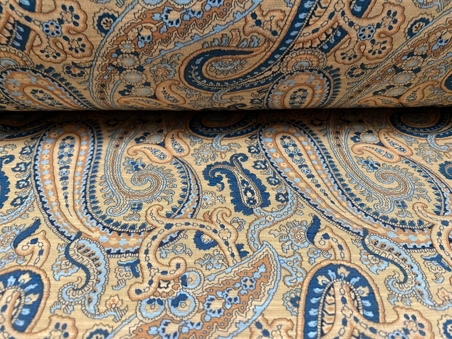 Slub single jersey printed fabric, per metre - Paisley print - blue & gold