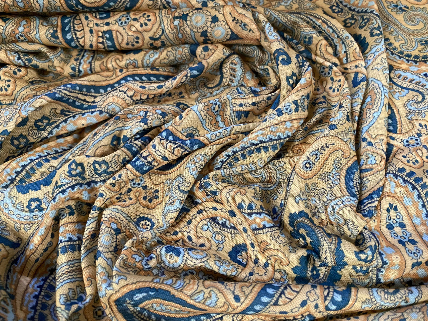 Slub single jersey printed fabric, per metre - Paisley print - blue & gold