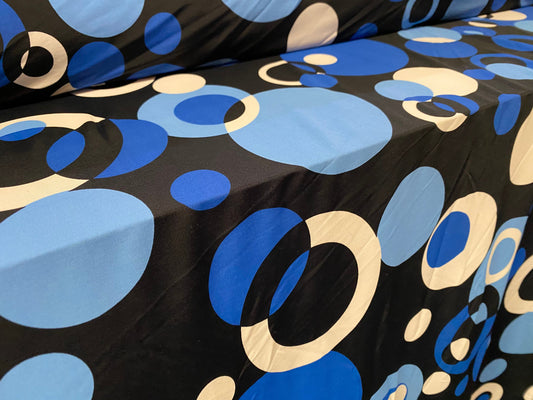 Spandex stretch ITY jersey fabric, per metre - retro circles print - blue