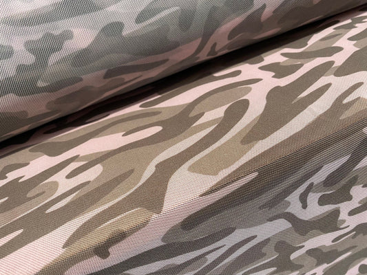 Power mesh net stretch fabric, per metre - pink camouflage print