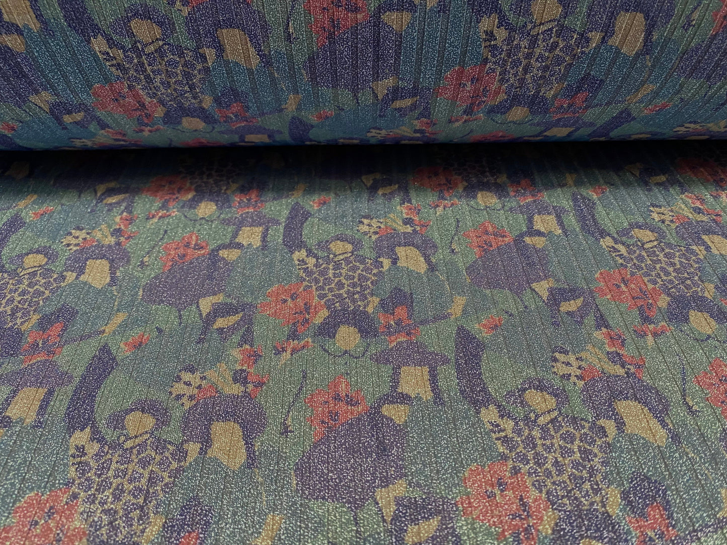Metallic Spandex rib jersey fabric, per metre - flower women with pigtails print - turquoise