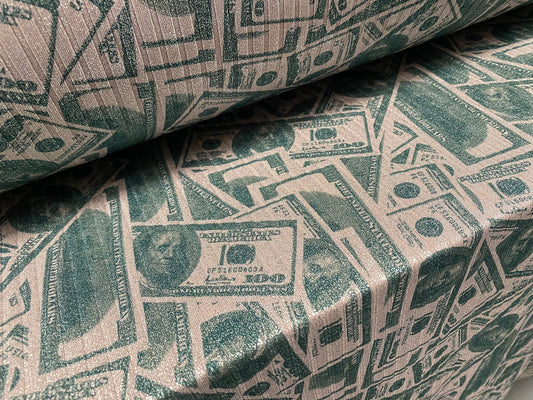 Metallic Spandex rib jersey fabric, per metre - hundred dollar bill banknote print