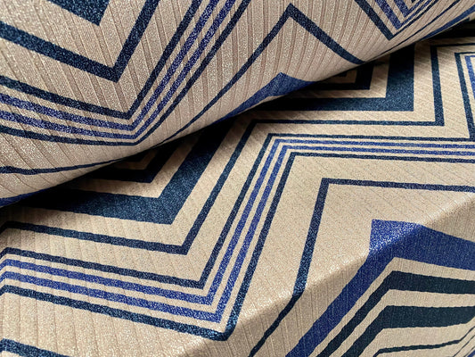 Metallic Spandex rib jersey fabric, per metre - jumbo chevron print - blue stone