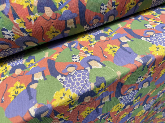 Printed chiffon yoryu dress blouse fabric, per metre -  flower women print - green pink blue