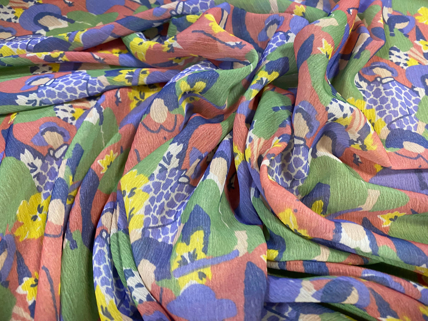 Printed chiffon yoryu dress blouse fabric, per metre -  flower women print - green pink blue