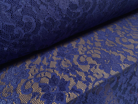 Stretch lace dress fabric, per metre - flower design - royal blue