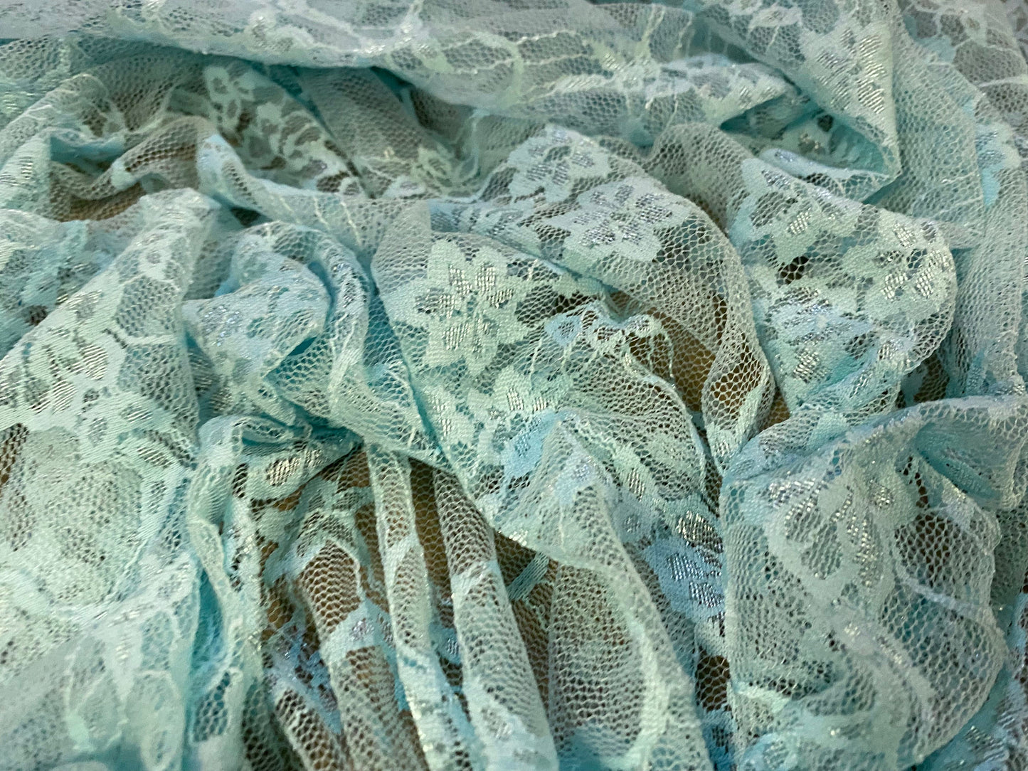 Stretch mesh lace net floral fabric, per metre - turquoise