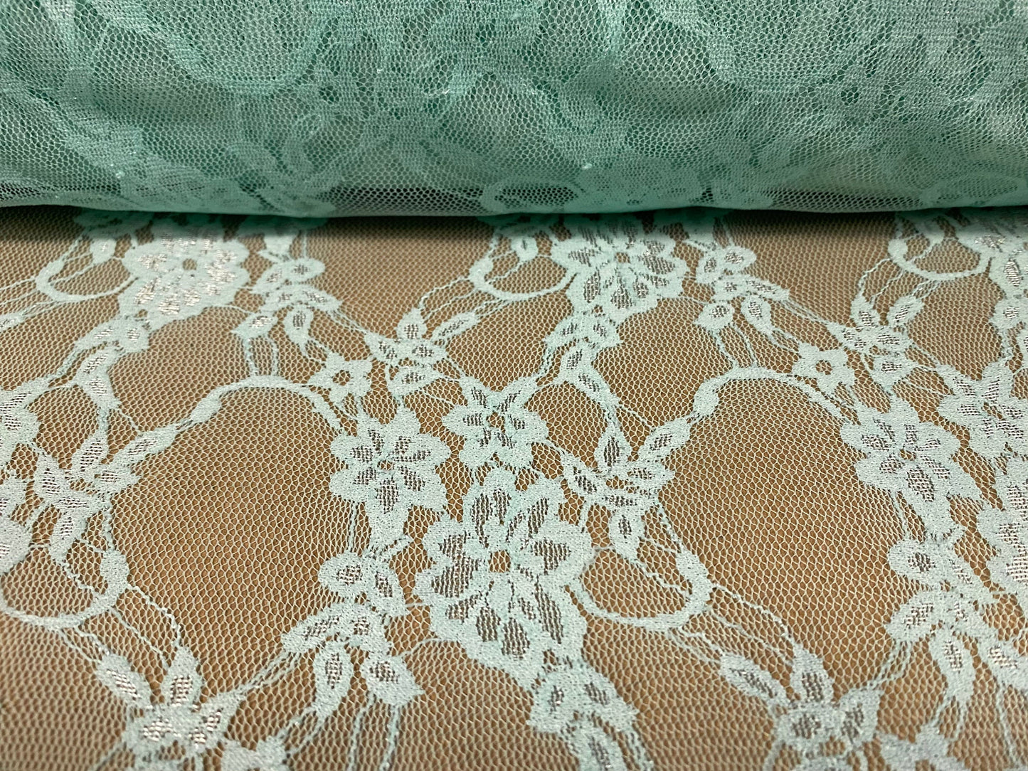 Stretch mesh lace net floral fabric, per metre - mint