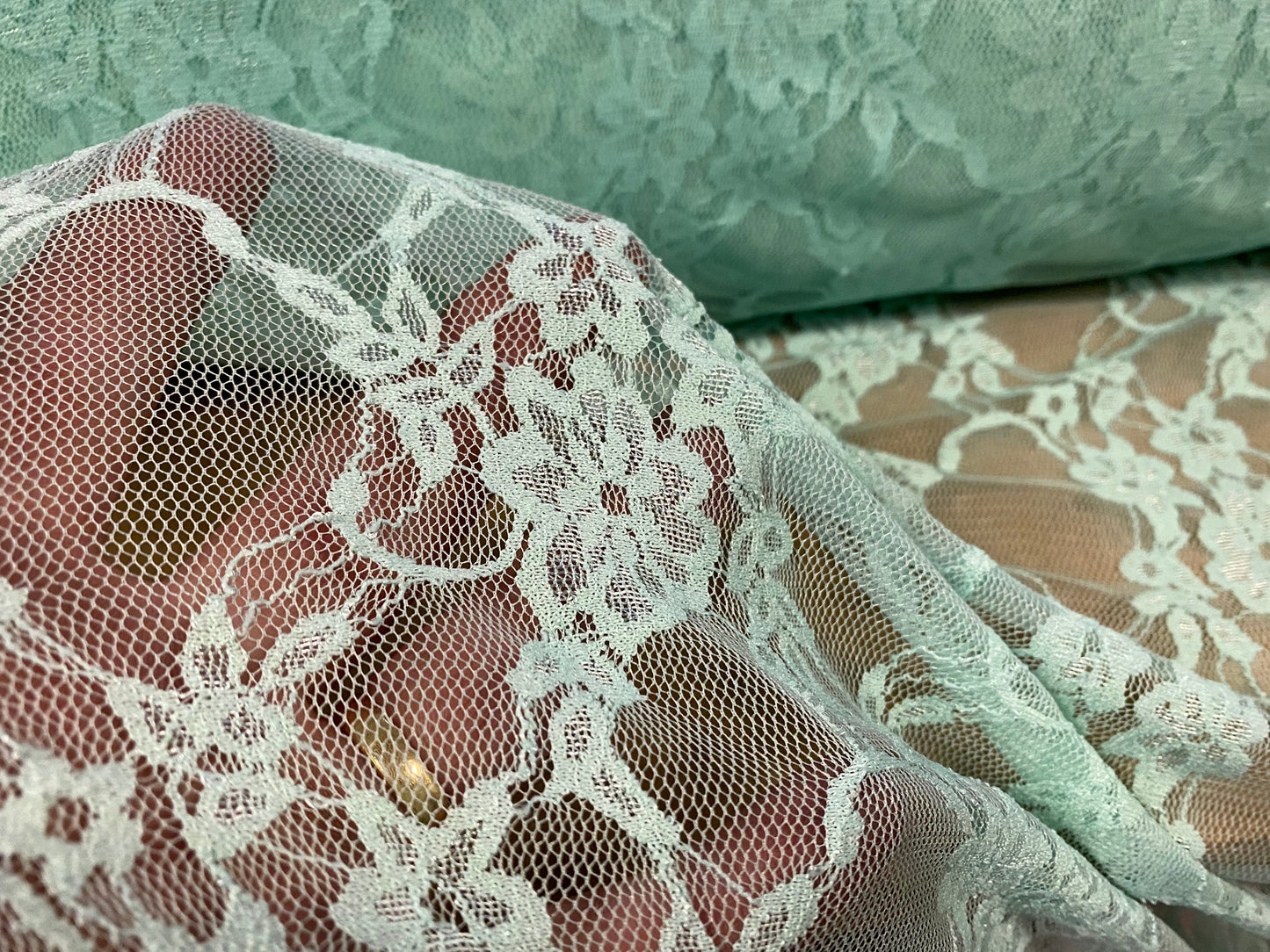 Stretch mesh lace net floral fabric, per metre - mint