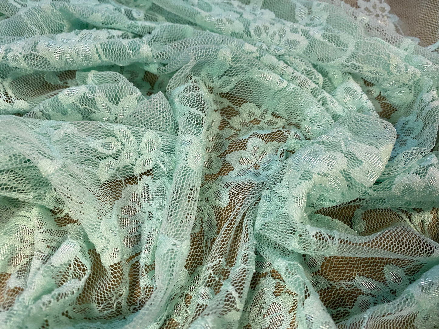 Stretch mesh lace net floral fabric, per metre - mint