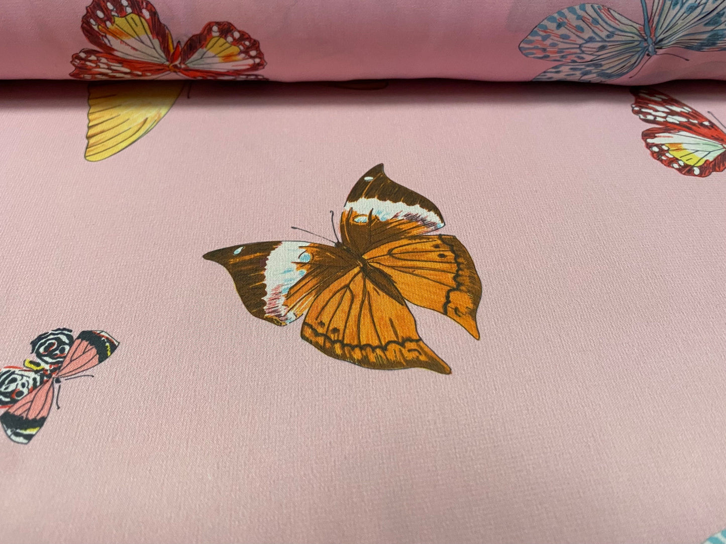 Printed chiffon dress blouse fabric, per metre - butterfly print - pink